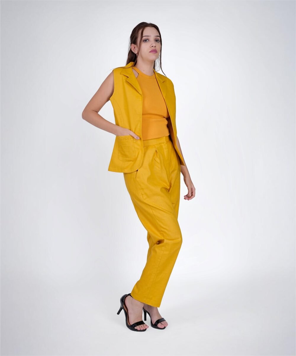 Women Yellow Linen Blend Sleeveless Longline waist coat co-ord - Image 3