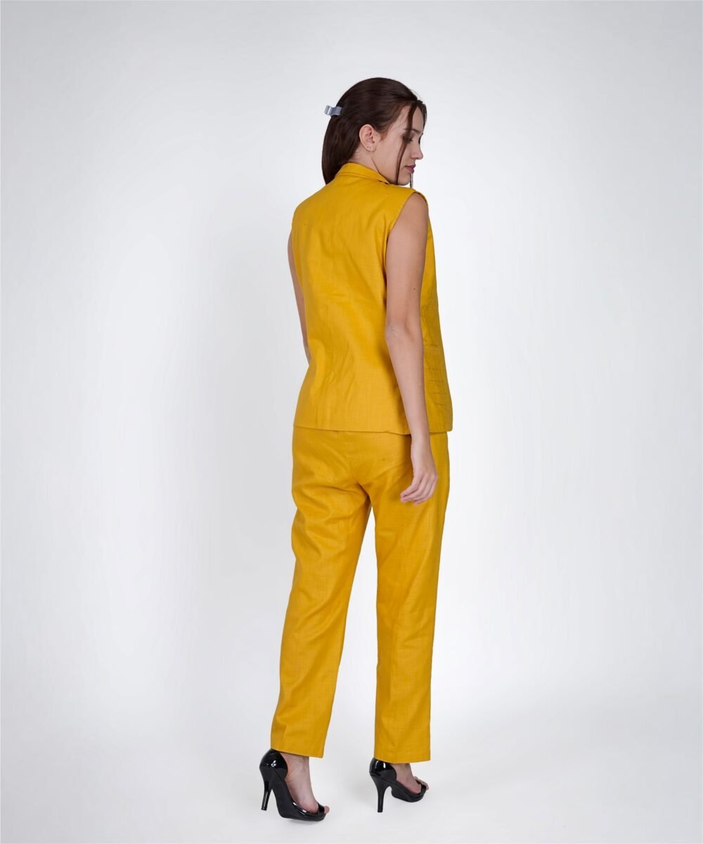 Women Yellow Linen Blend Sleeveless Longline waist coat co-ord - Image 5
