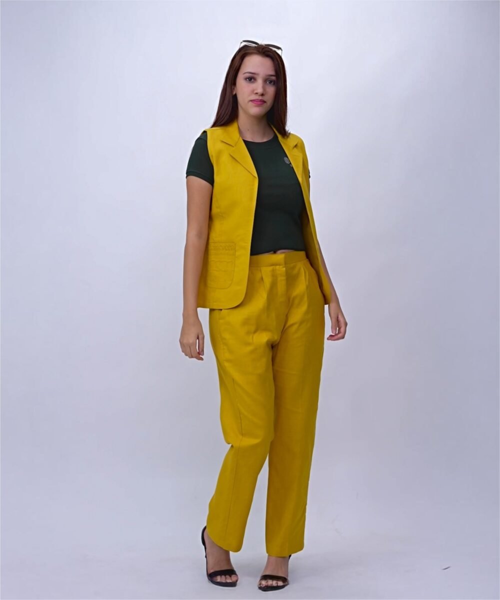 Women Yellow Linen Blend Sleeveless Longline waist coat co-ord - Image 4
