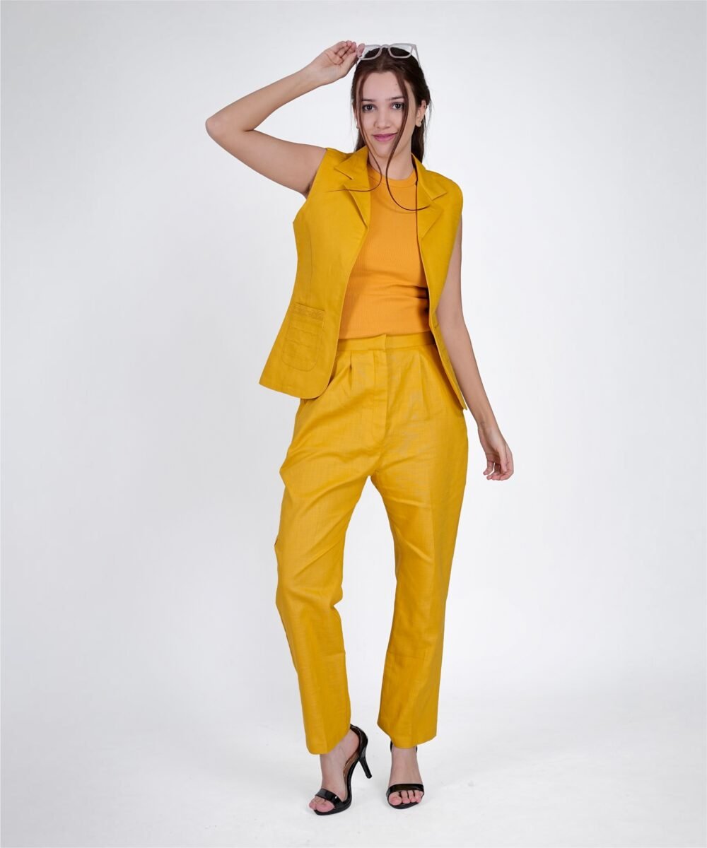 Women Yellow Linen Blend Sleeveless Longline waist coat co-ord - Image 2