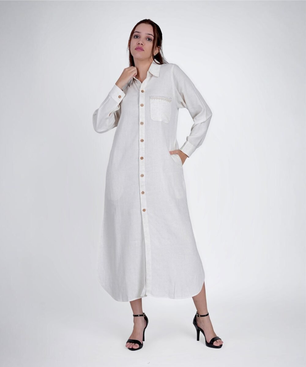 ORSA Creme Cotton-Linen collar Straight kurta