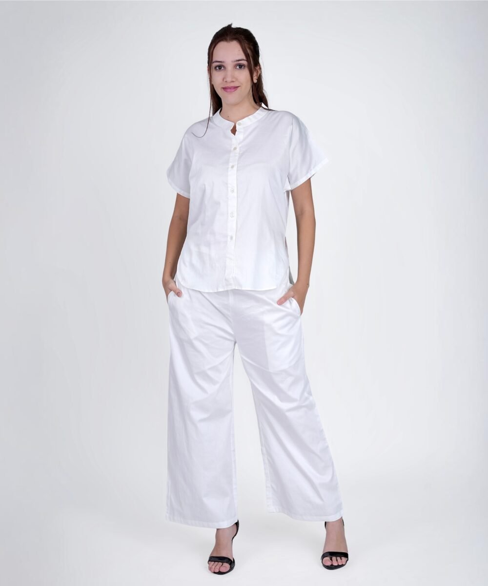 Off-Shoulder White Co-ord set Mandrine collar