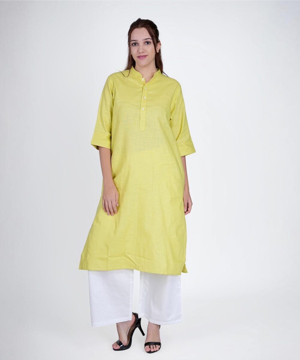 Yellow-Green Linen Blend Notched collar kurta coord with white straight pants