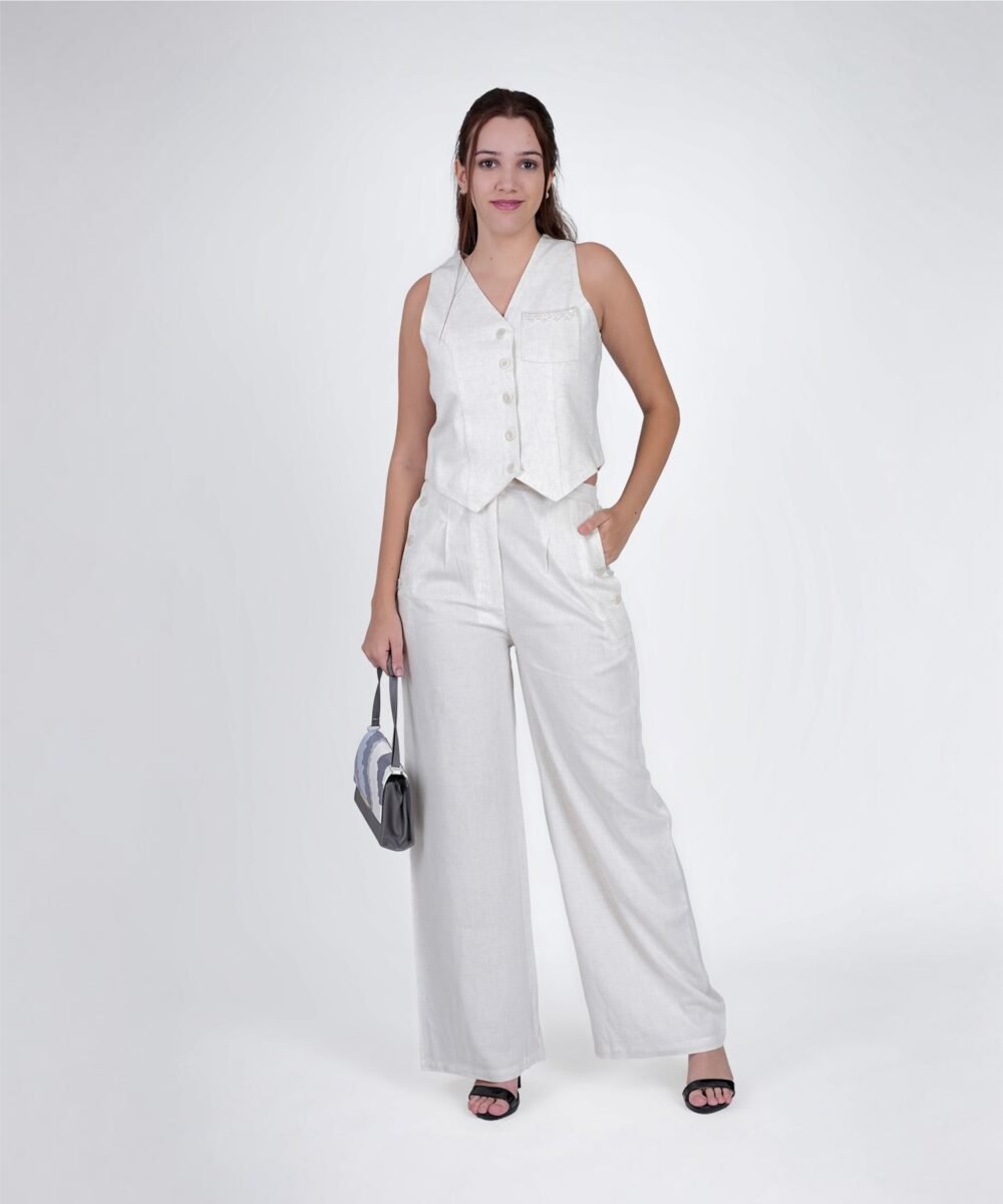 ORSA V-Neck Crème Sleeveless Waist Coat with straight trouser