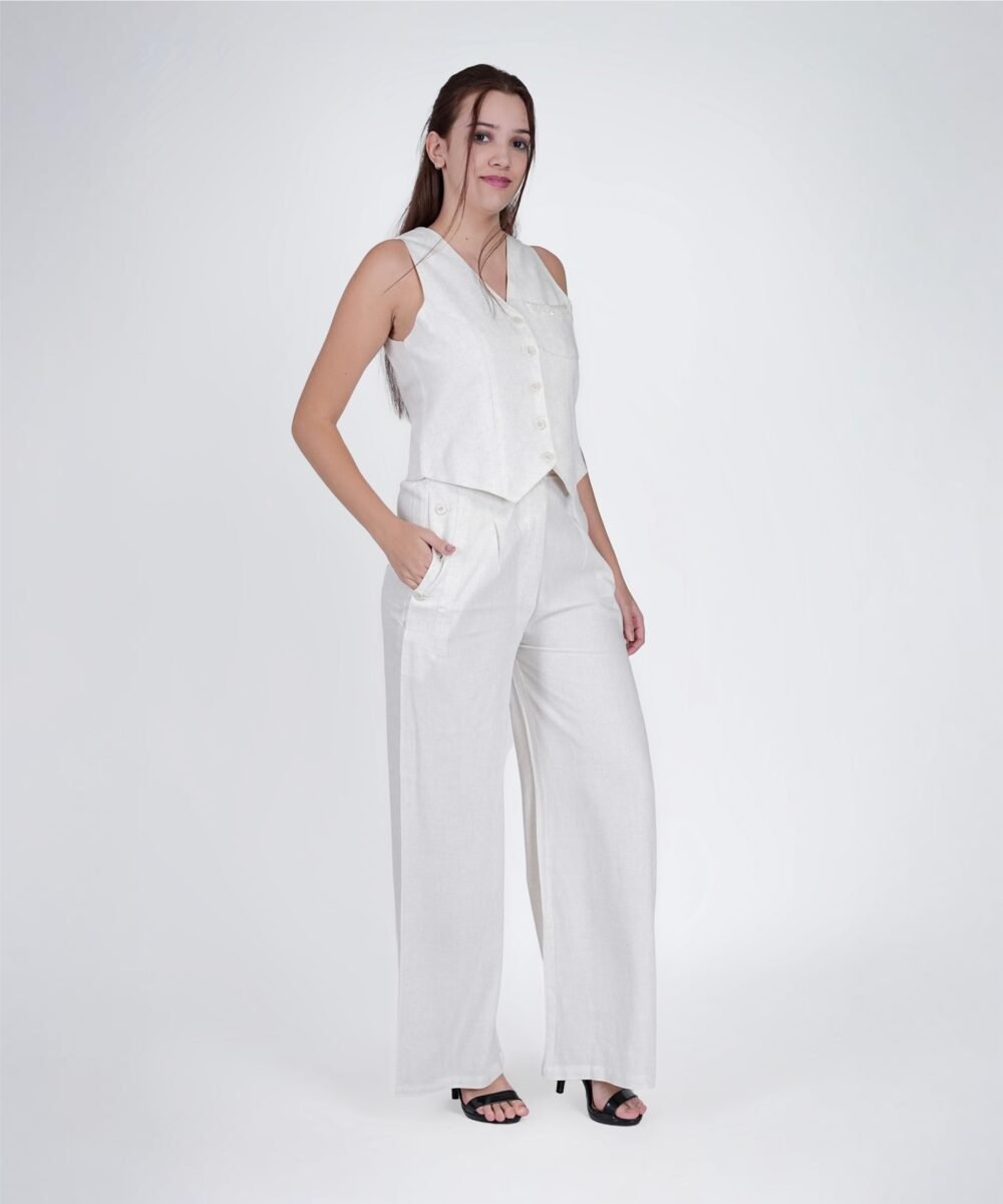 ORSA V-Neck Crème Sleeveless Waist Coat with straight trouser - Image 2