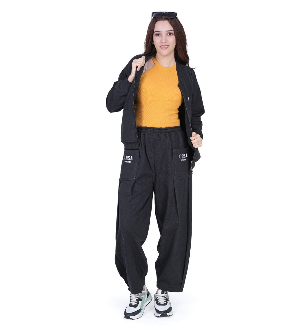 ORSA Women Grey Full Sleeves Front-open Sweatshirt Co-ord with baggy joggers