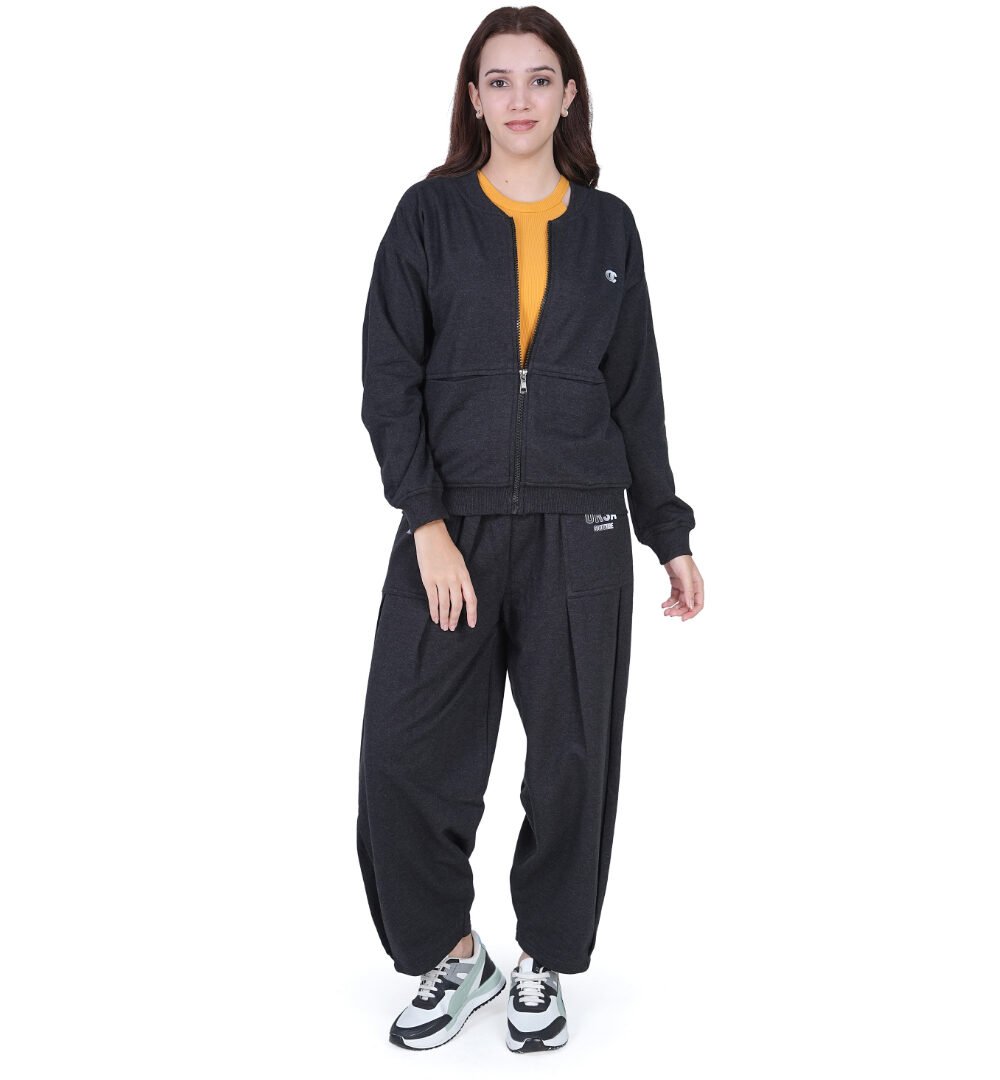 ORSA Women Grey Full Sleeves Front-open Sweatshirt Co-ord with baggy joggers - Image 2