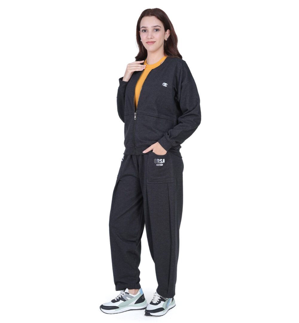 ORSA Women Grey Full Sleeves Front-open Sweatshirt Co-ord with baggy joggers - Image 7
