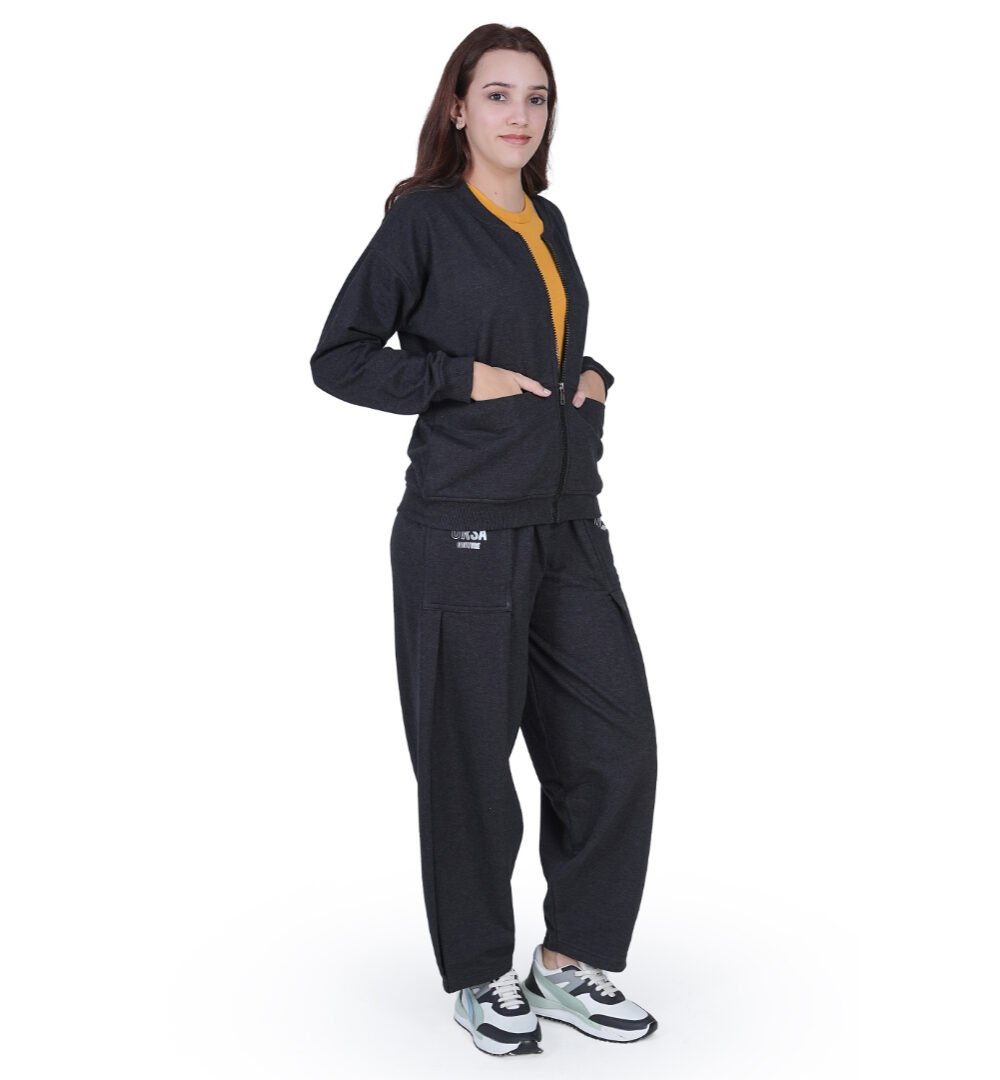 ORSA Women Grey Full Sleeves Front-open Sweatshirt Co-ord with baggy joggers - Image 4
