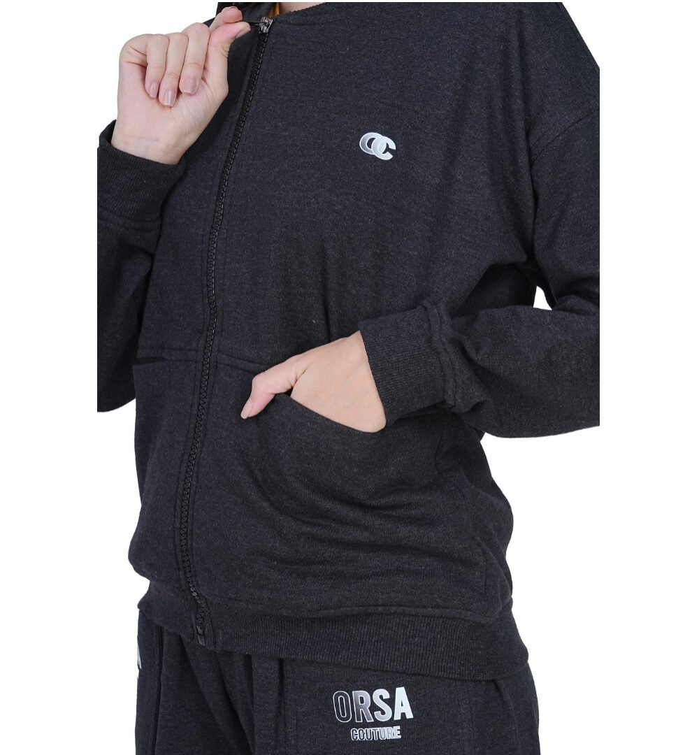 ORSA Women Grey Full Sleeves Front-open Sweatshirt Co-ord with baggy joggers - Image 5