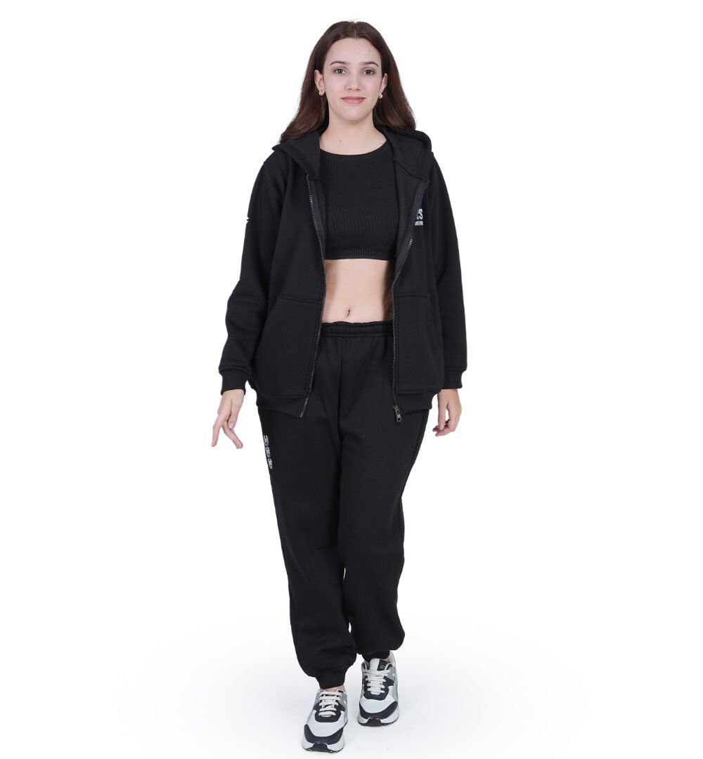 ORSA Women Solid Black zipper Sweartshirt Hoodie Full Sleeves Co-ord