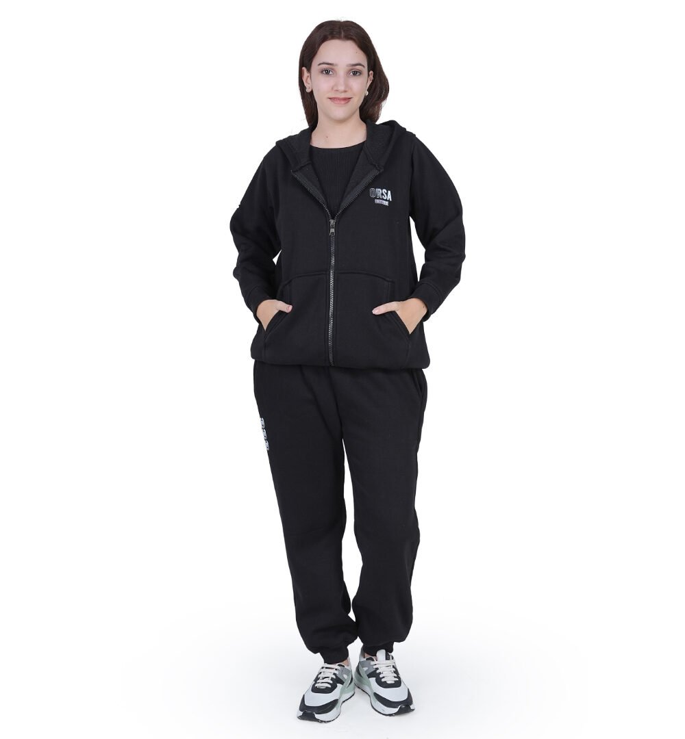 ORSA Women Solid Black zipper Sweartshirt Hoodie Full Sleeves Co-ord - Image 2