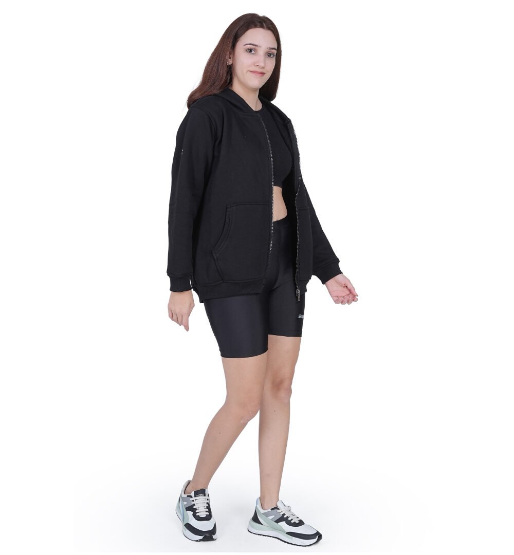 ORSA Women Solid Black zipper Sweartshirt Hoodie Full Sleeves - Image 2