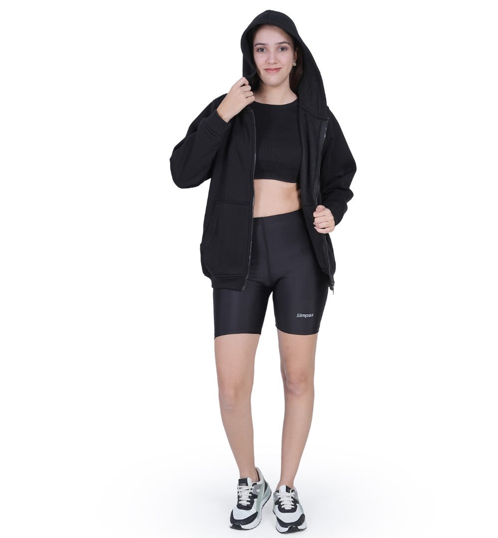 ORSA Women Solid Black zipper Sweartshirt Hoodie Full Sleeves