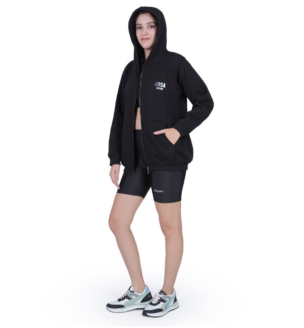 ORSA Women Solid Black zipper Sweartshirt Hoodie Full Sleeves - Image 4