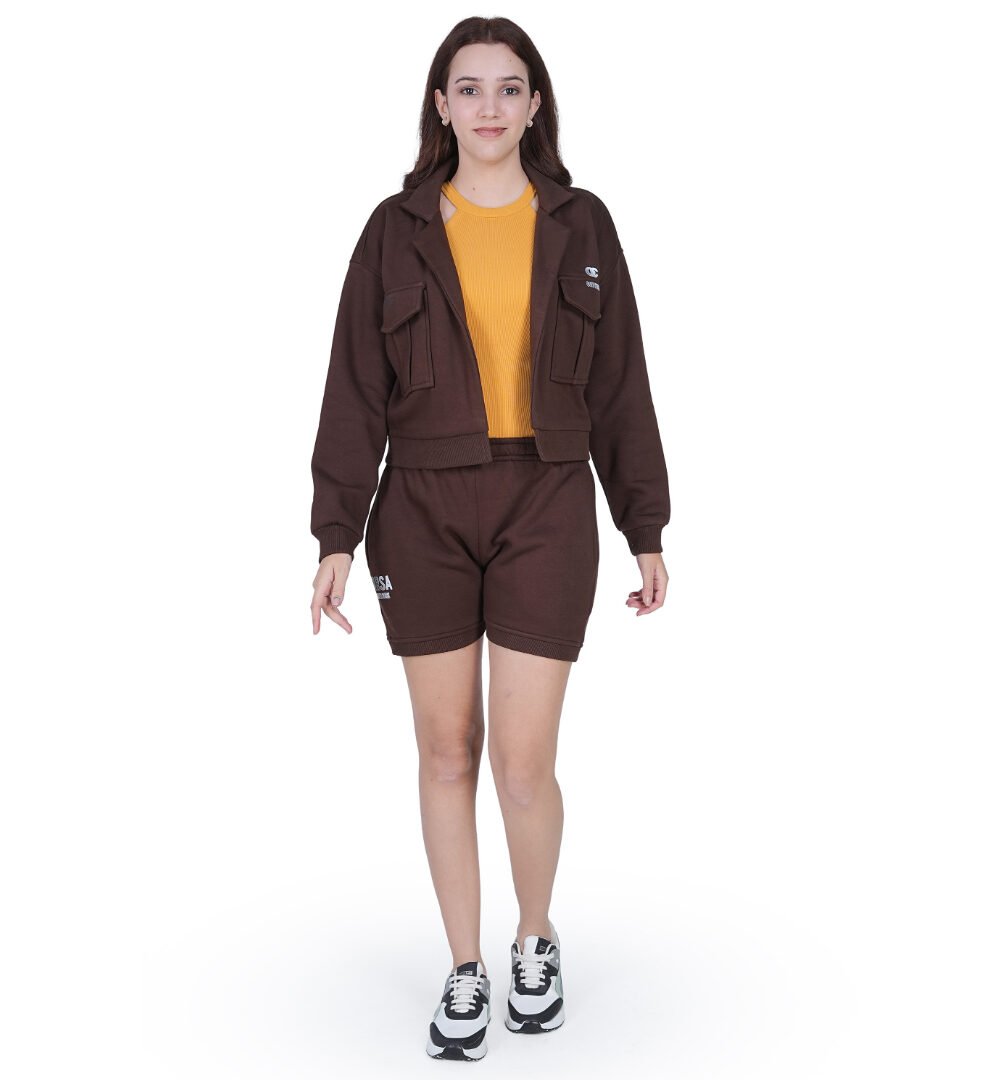 ORSA Women's Brown Kangaroo pockets front-open jacket sweatshirt Coord