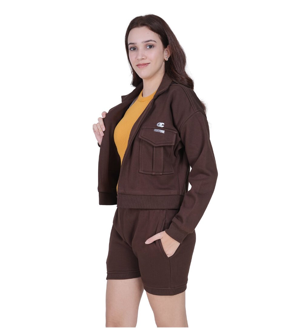 ORSA Women's Brown Kangaroo pockets front-open jacket sweatshirt Coord - Image 7