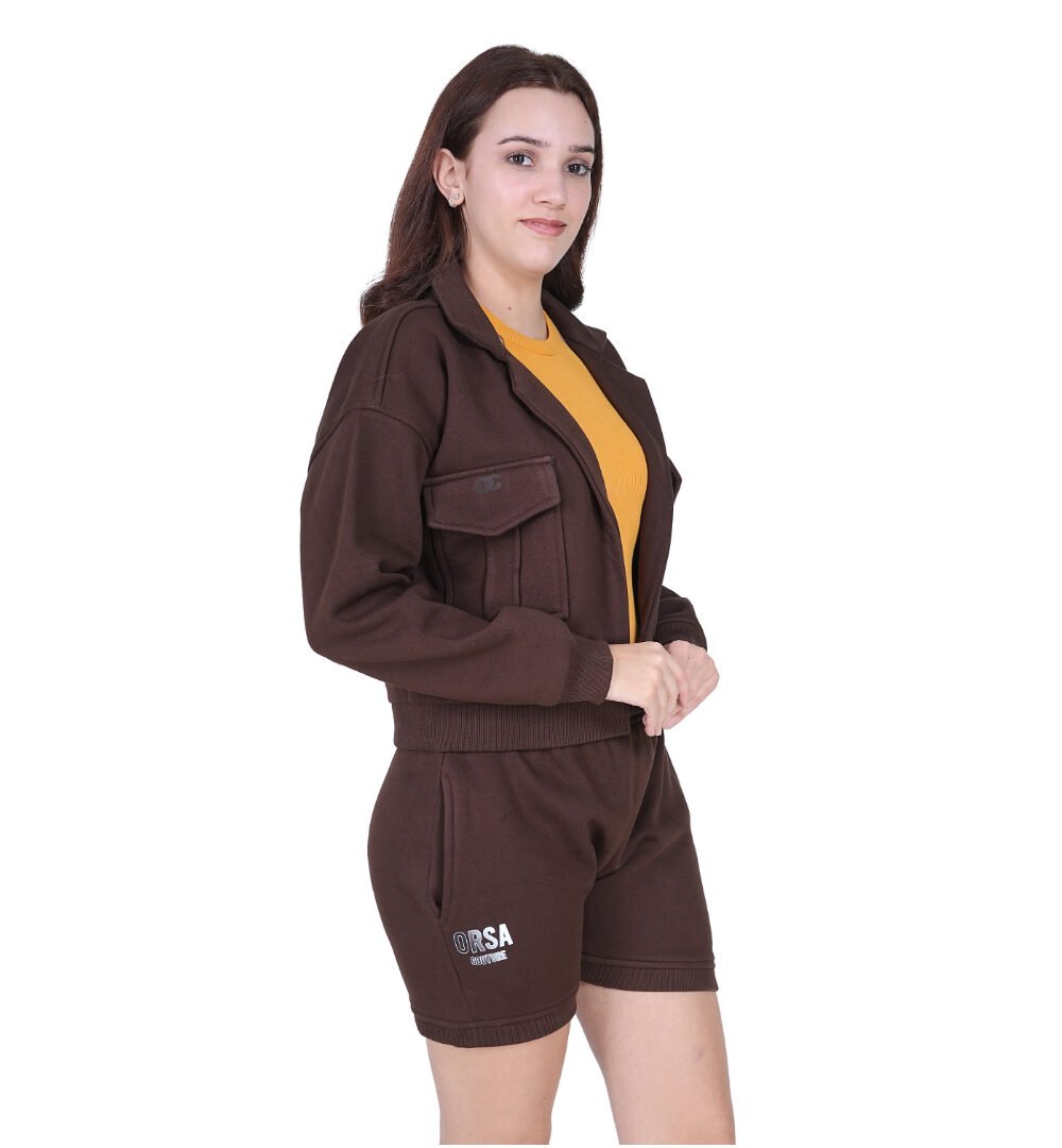 ORSA Women's Brown Kangaroo pockets front-open jacket sweatshirt Coord - Image 2
