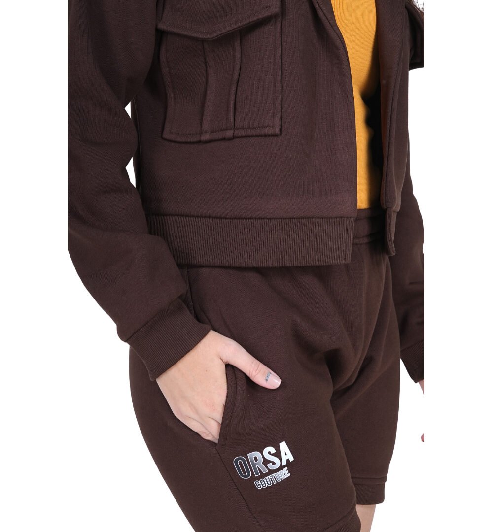 ORSA Women's Brown Kangaroo pockets front-open jacket sweatshirt Coord - Image 3