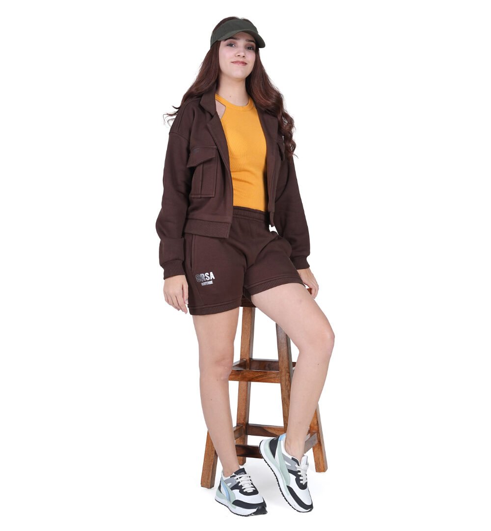 ORSA Women's Brown Kangaroo pockets front-open jacket sweatshirt Coord - Image 4