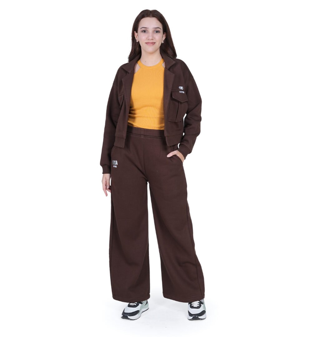 ORSA - Women’s Brown Kangaroo pockets front-open jacket sweatshirt with straight pants Coord
