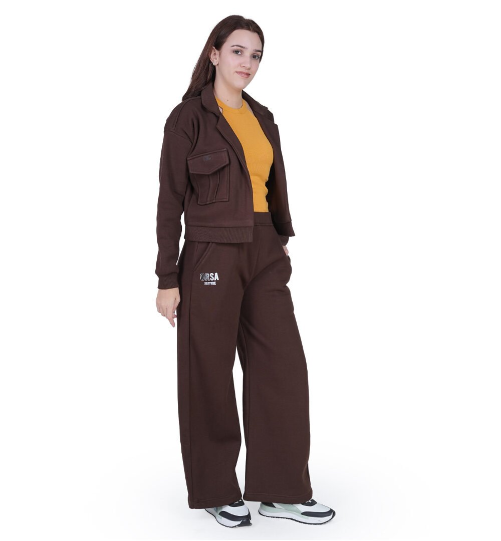ORSA - Women’s Brown Kangaroo pockets front-open jacket sweatshirt with straight pants Coord - Image 2