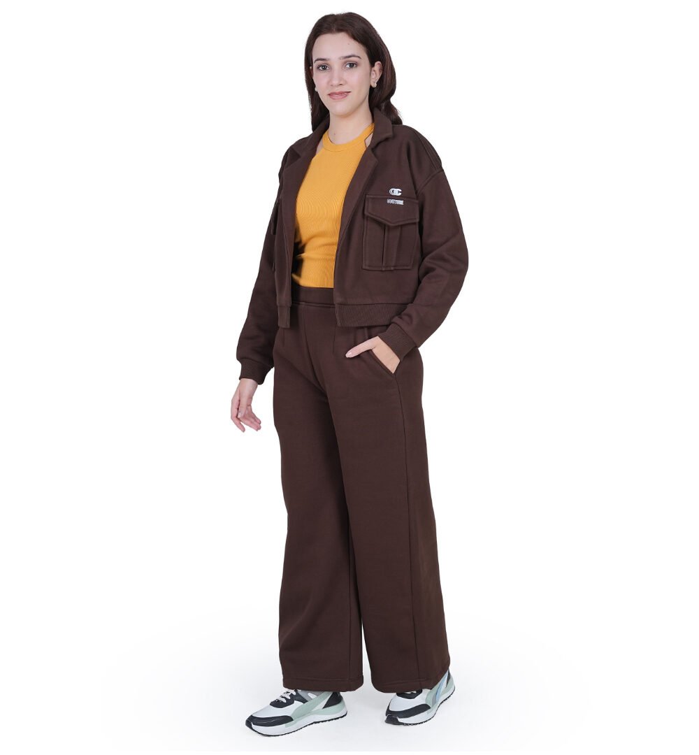 ORSA - Women’s Brown Kangaroo pockets front-open jacket sweatshirt with straight pants Coord - Image 3