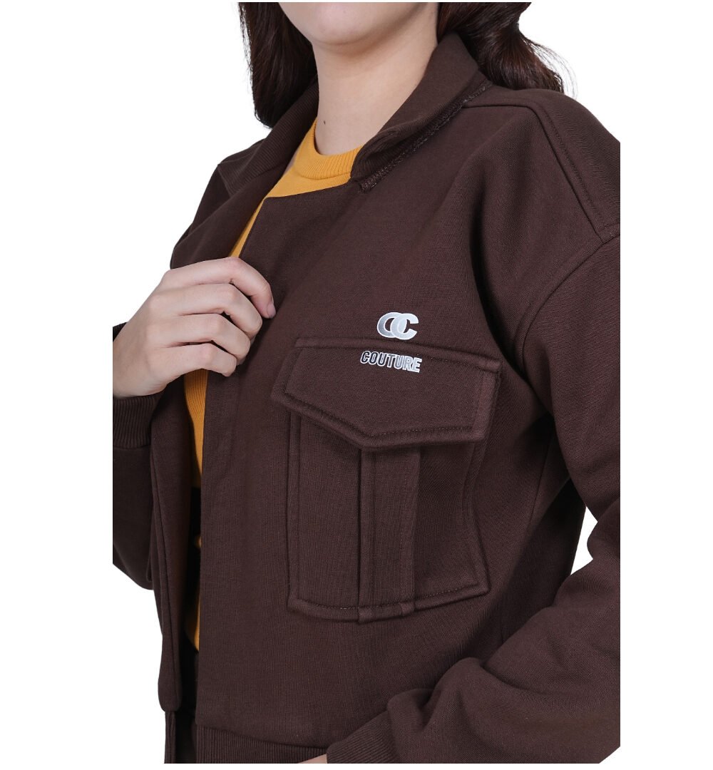 ORSA - Women’s Brown Kangaroo pockets front-open jacket sweatshirt with straight pants Coord - Image 5